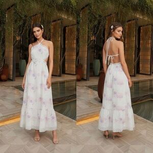 Gianni bini Delaney Embroidered Eyelet Halter Neck Tie Dye Sleeveless Maxi dress